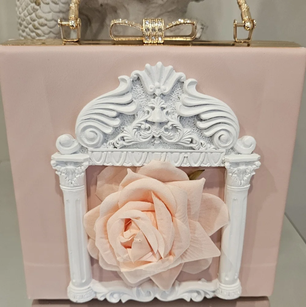 Ornate Pink Floral Box Clutch with Gold Handle